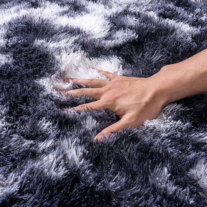 Black and White Rug for Living Room, 8x10 Area Rug for Bedroom, Bedside Indoor Floor Fluffy Shag Carpet, Plush Soft Rug for Boys Girls Kids Room Nursery Dorm Home Decor