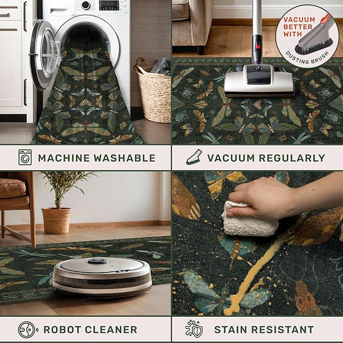 Hazo Haus 7x9 Insect Dark Green Rugs for Living Room, Boho & Forest Design Area Rug for Dining Room Under Table, Bedroom, Unique Washable Floral Non Slip Low Pile Soft Rug