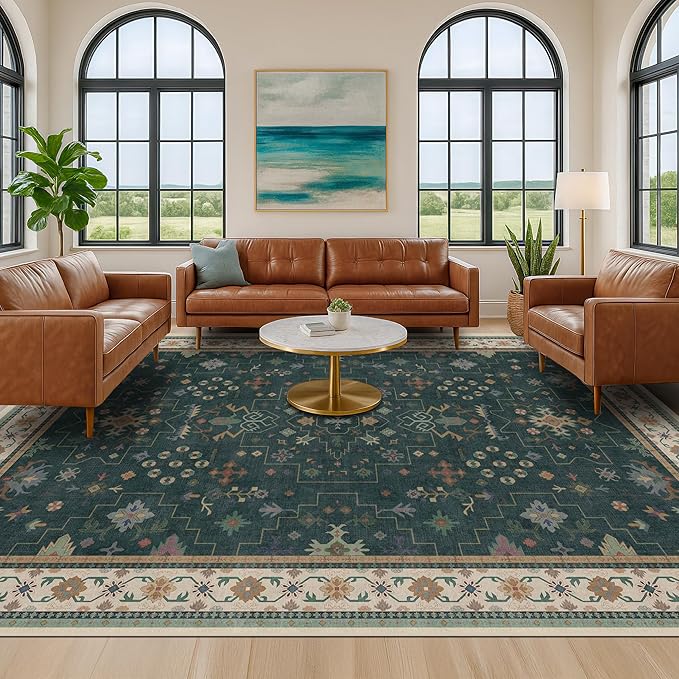 Hazo Haus Dark Green Vintage Living Room Rug 9x12 - Boho Unique Floral Victorian Decor, Washable Low Pile Non-Slip Extra Large Area Rugs for Dining Under Table Bedroom