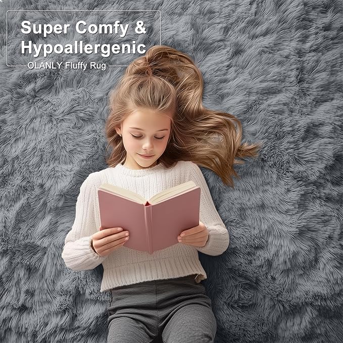 OLANLY 7x7 Machine Washable Large Area Rugs for Living Room, Bedroom, Soft Fluffy Shaggy Bedside Rug, Indoor Floor Carpet for Kids Girls and Boys, Dorms, Nursery, Home Decor Aesthetic, Grey