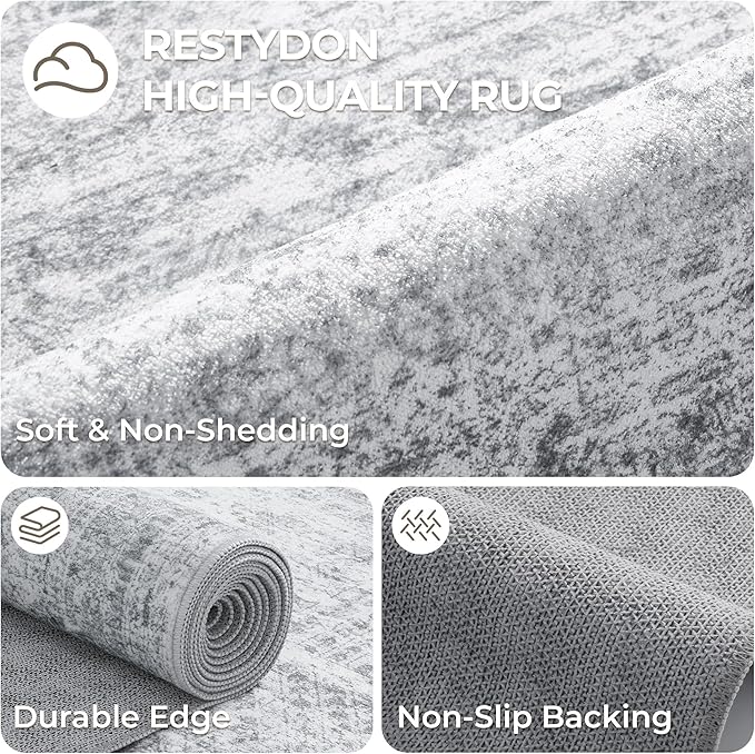 Washable Runner Rug 2.5x16, Non-Slip Long Hallway Runner for Entryway, Soft Vintage Kitchen Mats for Floor, Abstract Dining Room, Bedroom, Living Room Rugs(2.5'x16', Grey/Ivory)