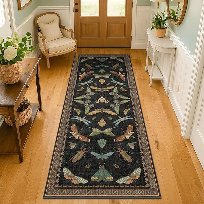 2x7 Black Non Slip Entryway Runner Rug, Boho Washable Runner for Hallway, Kitchen, Mudroom, Laundry Room, Nature Insect Low Pile & Soft Carprt, Vintage Indoor Décor