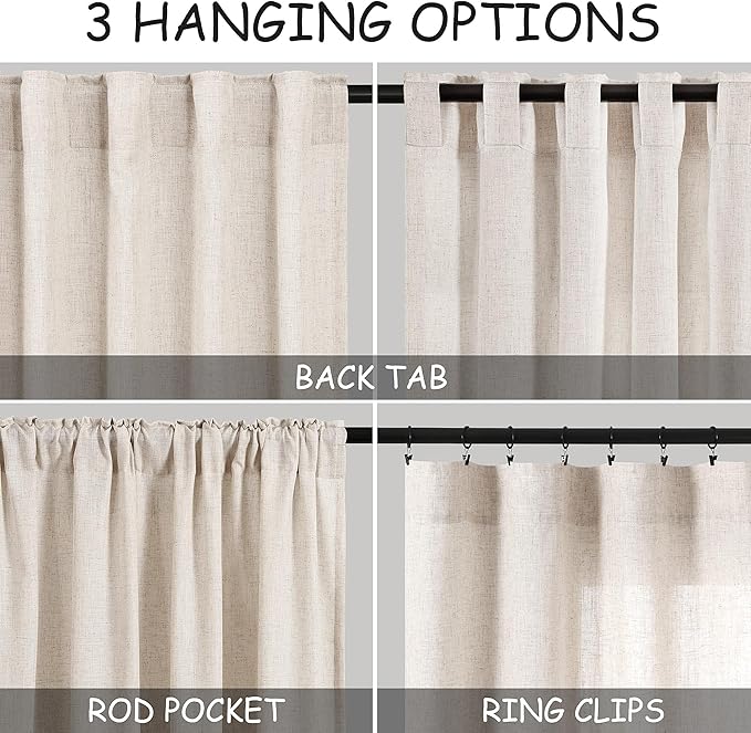 Long Curtain 105 inches Long 2 Panels Set Back Tab Beige Linen Drapes for Living Room Neutral Farmhouse Light Filtering Semi Sheer Linen Curtains 105 inch Length for Large Window Tan