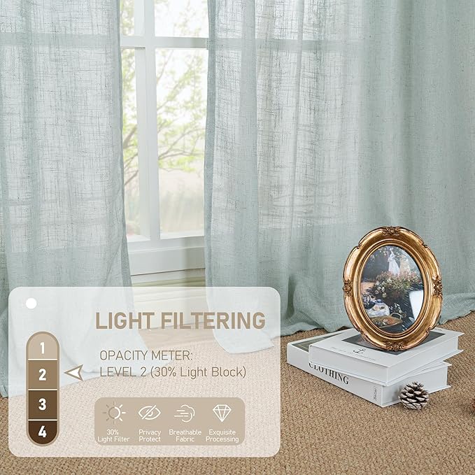 LAMIT Light Filtering Linen Curtains 45 Inch Length 2 Panels, Semi Sheer Window Panels Back Tab and Rod Pocket Neutral Drapes for Bathroom/Kitchen/Loft Room, Greyish Blue, 34 x 45 Inch