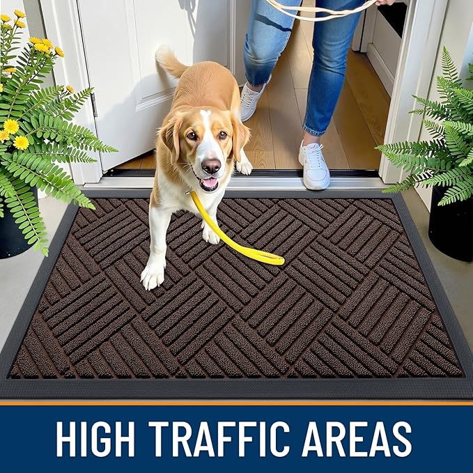 OLANLY Front Door Mat Outside Entrance 47x23, Absorbent, Heavy Duty Sturdy Natural Rubber Doormat Indoor Outdoor, Stain and Fade Resistant, Non-Slip Low Profile Floor Mat for Entryway, Brown Diamond