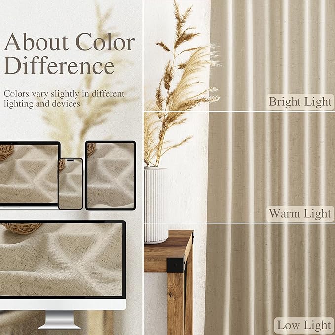 Eggshell Beige Linen Curtains 132 Inch Length for Living Room Light Filtering Semi Sheer Curtain Back Tab Rustic Farmhouse Decor Drapes Floor to Ceiling High Window for Bedroom 52x132, 2 Panels