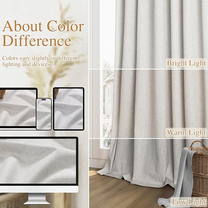 Guken Natural Linen 100% Blackout Curtains 96 Inches Long Floor to Ceiling Drapes for Living Room, Rustic Farmhouse Room Darkening Winter Thermal Insulated Black Out Sliding Barn Door Curtain, 52x96