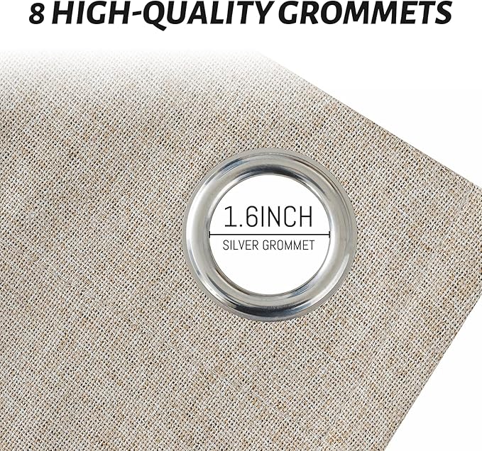 Yakamok Natural Linen Curtains 100% Blackout 96 Inches Long,Room Darkening Textured Curtains for Living Room Thermal Grommet Bedroom Curtains 2 Panels with Greyish White Liner