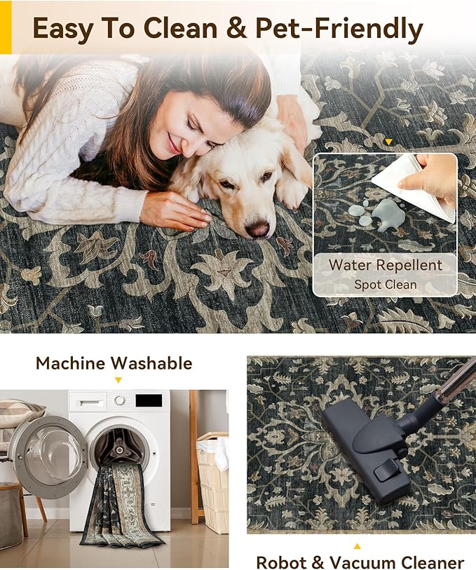 RELEANY Area Rugs 2'x8' Runner Rug Non Slip Washable for Kitchen Hallway Bedroom Beside Laundry Room Bathroom Rug, Floor Carpet, Vintage Black Brown Neutral