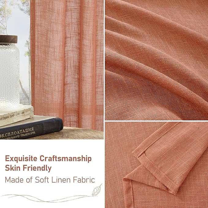 LAMIT Light Filtering Linen Curtains 72 inches Long for Bedroom, Linen Textured Semi Sheer Back Tab and Rod Pocket Boho Drapes for Window/Living Room, Terracotta, 2 Panels, 34 x 72 Inch