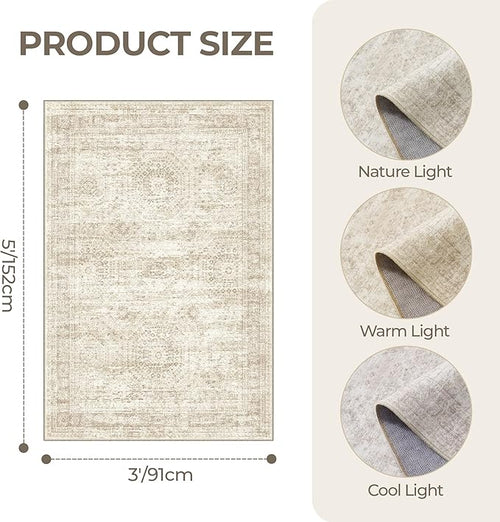 3x5 Washable Area Rug for Entryway, Soft Kitchen Rugs Non Slip for Dining Room, Vintage Abstract Living Room Rug, Thin Area Rugs Indoor for Bedroom, Kids Room Decor(3'x5', Beige/Ivory)