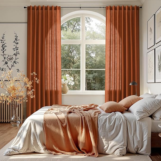 Nanspring Rust Linen Curtains 63 Inch Length for Living Room Light Filtering Semi Sheer Curtain Back Tab and Rod Pocket Vintage Rustic Luxury Home Decor Drapes for Bedroom Office 52x63, 2 Panels