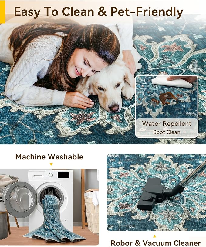 Area Rugs 2'6''x12' Runner Rug Non Slip Washable for Kitchen Hallway Bedroom Beside Laundry Room Bathroom Rug, Floor Carpet, Teal Green Lake Blue Turquoise
