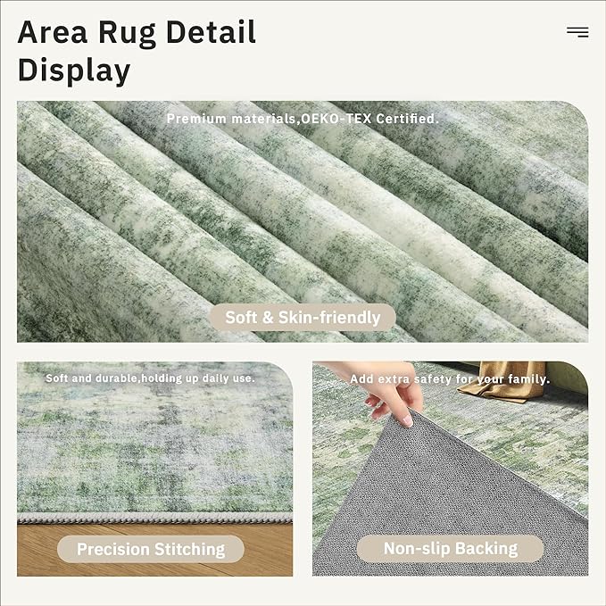 8x8 Green/Ivory Round Rug 8ft Living Room Circle Rug Vintage Round Area Rug Non Slip Indoor Carpet for Apartment