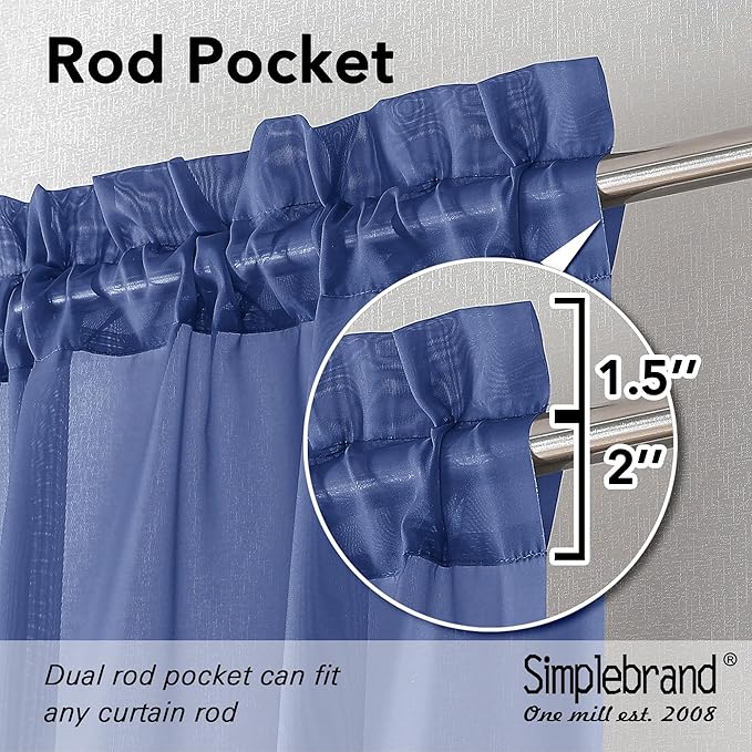 Simplebrand Royal Blue Sheer Curtains 96 Inches Long 2 Panels, Light Filtering Rod Pocket Solid Color Window Sheer Curtain Panels, Elegant Curtains & Drapes for Living Room, Bedroom, 42" W x 96" L
