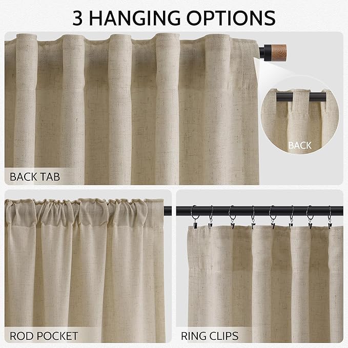 Eggshell Beige Linen Curtains 132 Inch Length for Living Room Light Filtering Semi Sheer Curtain Back Tab Rustic Farmhouse Decor Drapes Floor to Ceiling High Window for Bedroom 52x132, 2 Panels