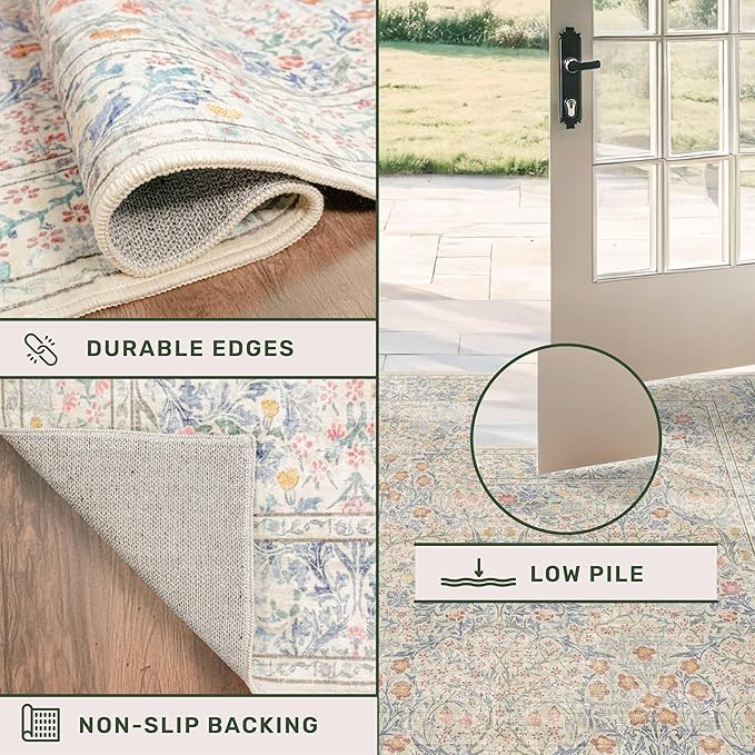 Vintage Beige Blue 2'6" x 8' Runner Rug for Hallway, Kitchen, Bathroom, Entryway Indoor, Washable Non Slip Rubber Backing Stain Resistant - Botanical Home Decor