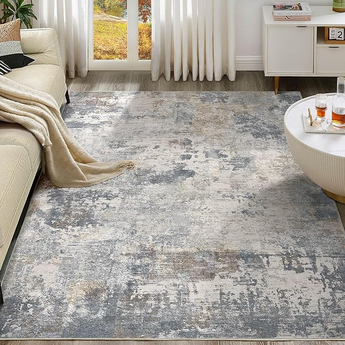 UERMEI 6x9 Area Rug Living Room Rugs - Washable Neutral Modern Abstract Soft Thin Large Rug Indoor Floor No Slip Rug Carpet for Bedroom Under Dining Table Home Office Decor - Blue Grey