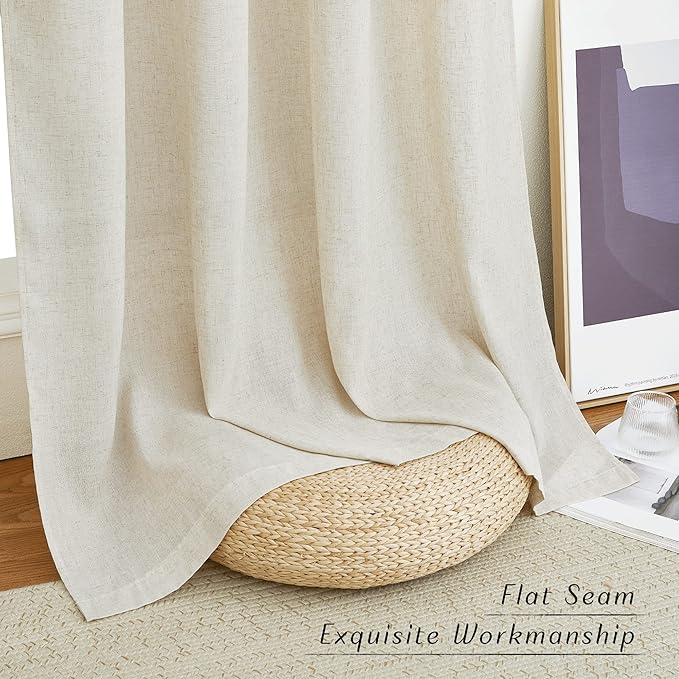 NICETOWN Natural Linen Curtains for Bedroom, Decorative Thick Flax Window Treatments Semi Sheer Privacy Assured with Light Through for Nursery/Bathroom, W55 x L54, Sold as 2 Panels