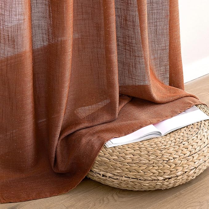 MIULEE Burnt Orange Linen Curtains 90 Inch Long for Bedroom Living Room, Soft Thick Linen Textured Window Drapes Terracotta Rust Boho Fall Decor Semi Sheer Light Filtering Back Tab 2 Panels