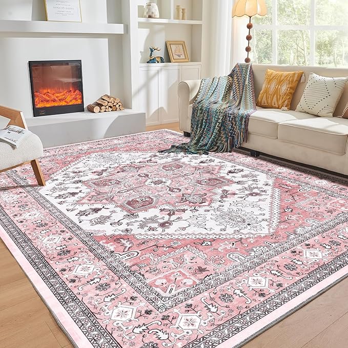 OPPODREAM Soft 8x10 Area Rugs, Washable Rugs 8x10 with Non Slip Backing, Faux Cashmere Low-Pile 8 x 10 Carpet, Pink & Cream
