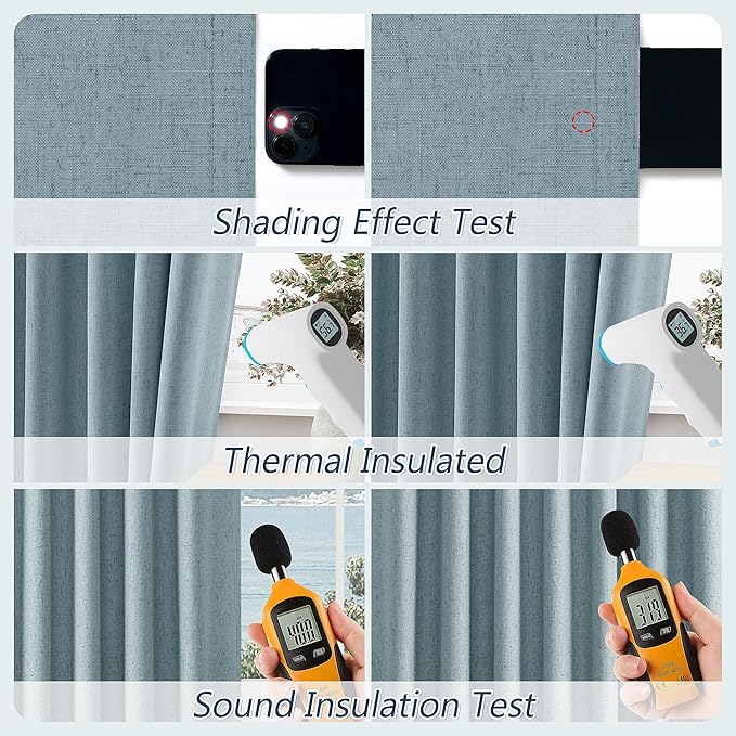 Guken Blue 100% Blackout Linen Curtains 100 Inch Length 2 Panels Set for Living Room Bedroom Back Tab Thermal Insulated Black Out Drapes Room Darkening Farmhouse Window Curtains Dusty Blue