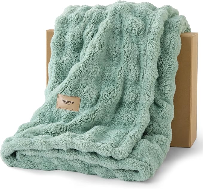 Bedsure 3D Fleece Bubble Blanket for Couch - GentleSoft Green Twin Blanket for Sofa Bed Room Decor - Luxury Soft Cozy Gifts for Kids, Lightweight, All Seasons, Sage Green, 60"×80"