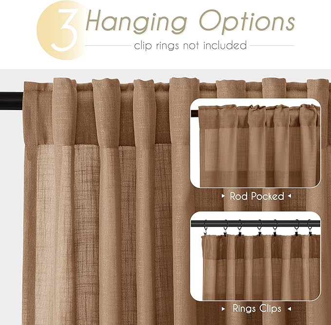 Brown Curtains for Living Room Back Tab Modern Farmhouse Semi Sheer Curtains 144 inches Long 2 Panels Set Muted Neutral Window Curtain for Dining Room Bedroom 52x144