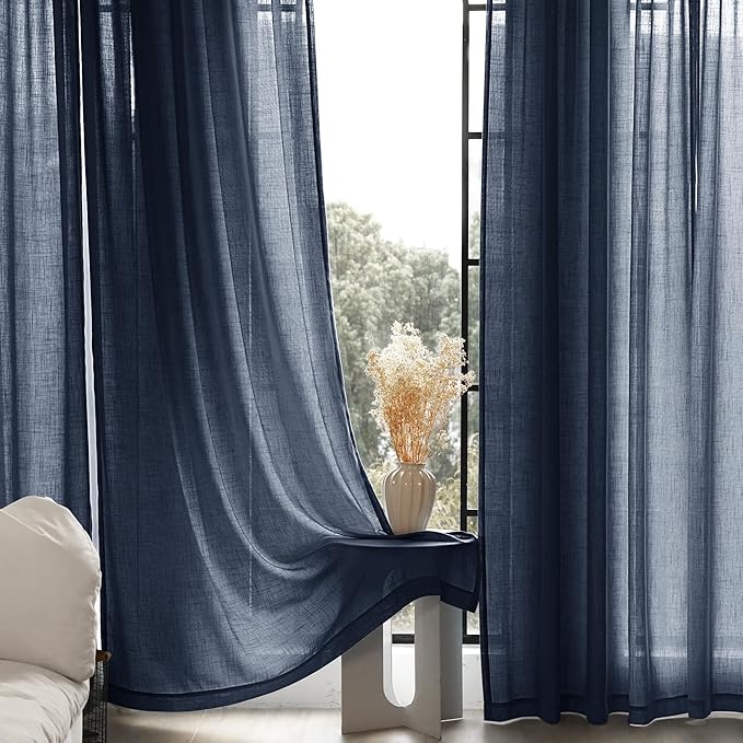 Navy Blue Curtains 96 inch Length for Bedroom Back Tab Light Filtering Semi Sheer Blue Living Room Curtains Linen Cotton Textured Indigo Blue Drapery Panel Modern Aesthetic Decor 42" Wx96 L