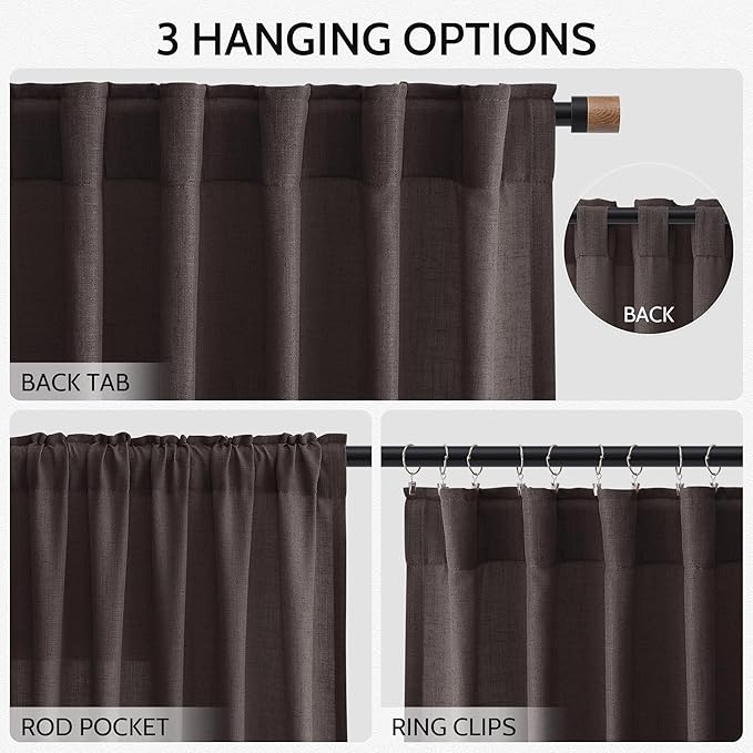 Cocoa Coffee Linen Curtains 90 Inch Long 2 Panels Set for Bedroom Living Room, Soft Linen Textured Window Drapes Semi Sheer Light Filtering Rod Pocket Back Tab Morden Style 52x90