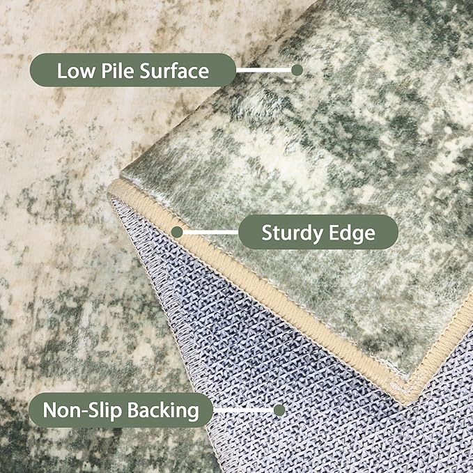 Round Rugs 4FT for Living Room Bedroom, Modern Abstract Machine Washable Circle Rug, Soft Low Pile Floor Cover with Non Slip Backing for Dining Room, Grey/Dark Green