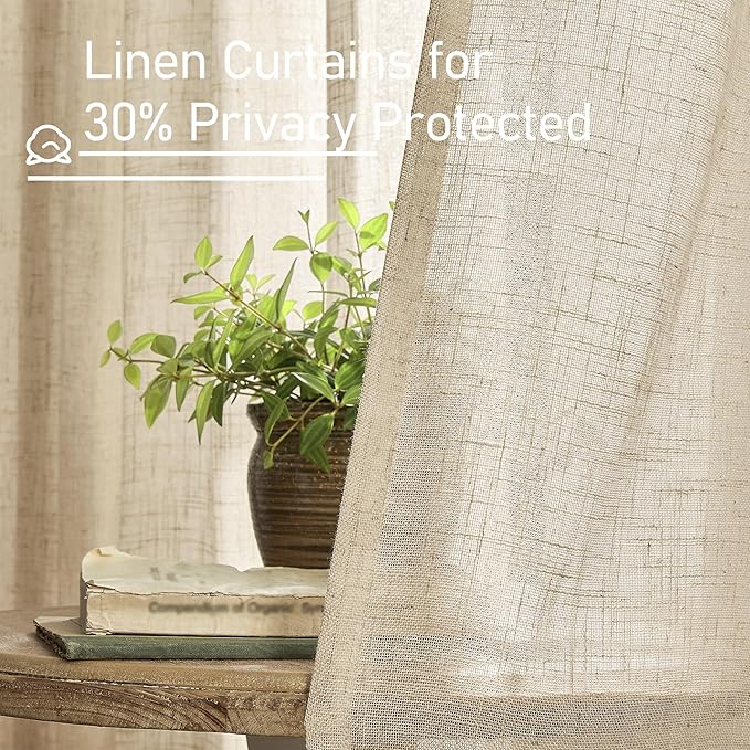 LAMIT Brown Linen Cafe Curtains 30 Inch Length, Semi Sheer Light Filtering Window Panels Back Tab and Rod Pocket Drapes for Kitchen/Small Windows, 25 x 30 Inch, 2 Panels