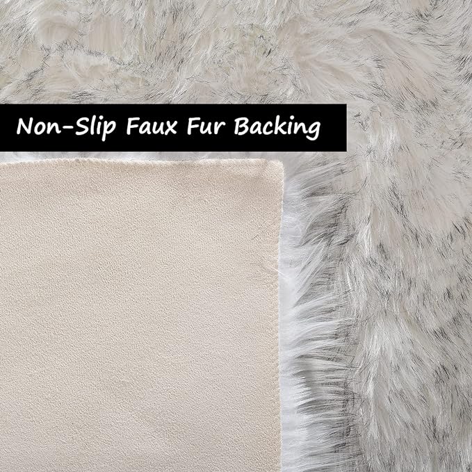 Goolela Sheepskin Area Rug 10x12 Fluffy Fuzzy Faux Fur Carpet for Living Room Bedroom Furry Shaggy Plush Washable Rectangle - White with Grey Tips