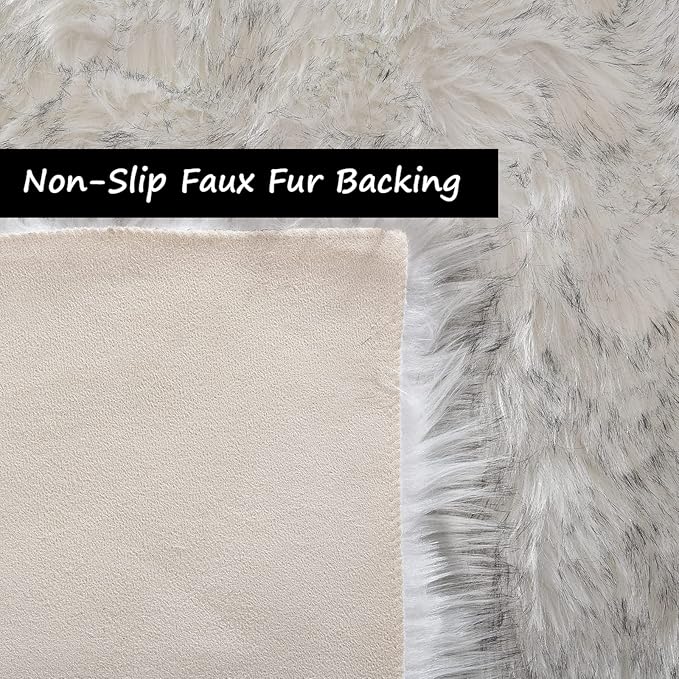 Goolela Round Sheepskin Rug 5ft Fluffy Circle Fuzzy Faux Fur Rug for Bedroom Living Room Plush Soft Washable - White with Grey Tips