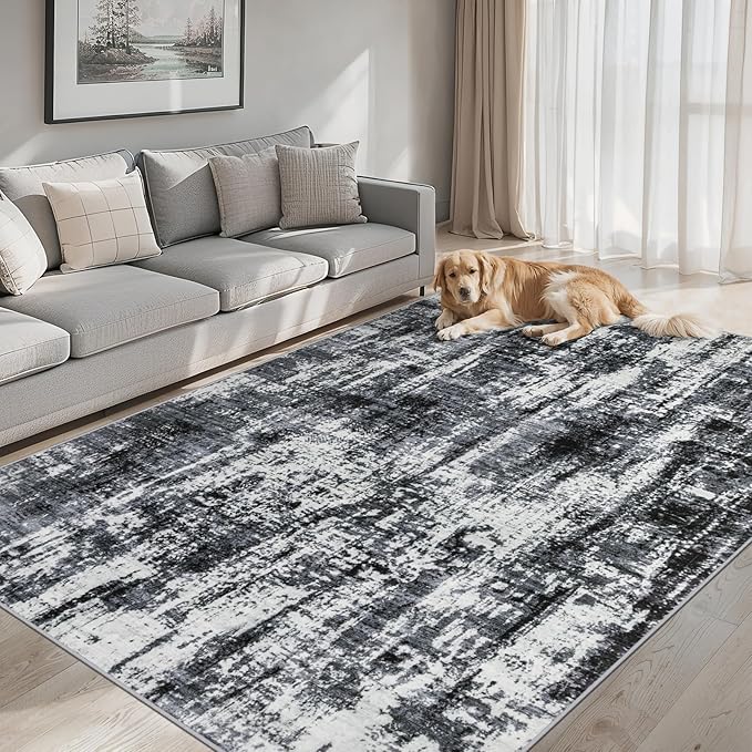 6x9 Area Rugs for Living Room - Washable Rug Modern Abstract Soft Large Neutral Non-Slip Carpet Indoor Floor Thin Carpets for Bedroom Dining Room Farmhouse Nursery Home Office Black