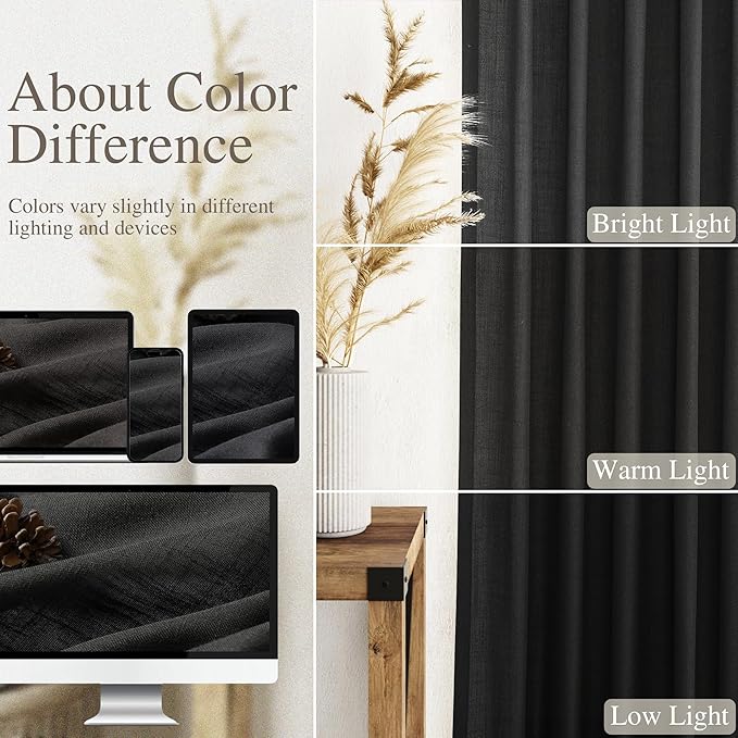 Black Kitchen Curtains 36 Inch Length Set 2 Panel Back Tab Pocket Semi Sheer Light Filtering Short Drapes Linen Modern Farmhouse Curtain Tiers for Cafe Bathroom Basement Small Window 52x36