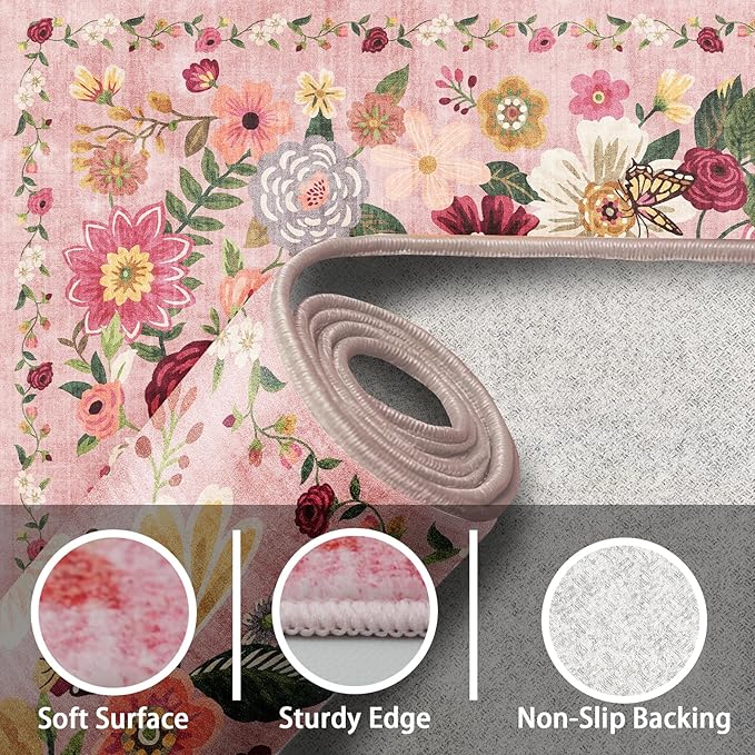 Pink Floral Hallway Runner Carpet Non-Slip, 2x10 Washable Rug Ultra-Thin Soft for Hallways, Kitchen Mat Stain Resistant for Entryway Bathroom (2 x 10, Pink Garden)