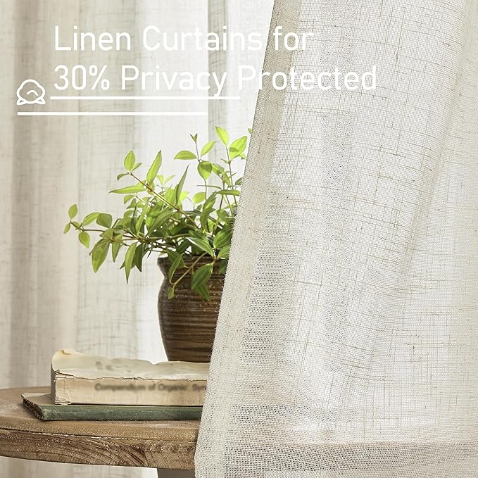 LAMIT Short Kitchen Linen Curtains 24 Inch Length for Small Windows, Cream Ivory Semi Sheer Light Filtering Panels Back Tab and Rod Pocket Cafe Drapes for Half Window, 2 Panels, 25 x 24 Inch