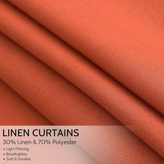 Bright Orange Linen Curtains 72 Inch Long for Living Room Bedroom Lightweight Door Drapes 2 Panels Set, Semi Sheer Light Filtering Back Tab or Rod Pocket Curtain,52x72