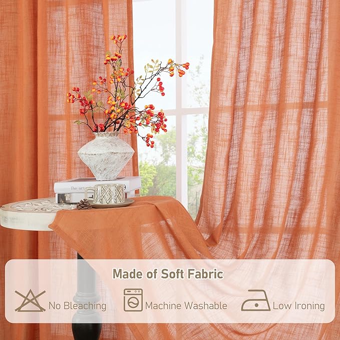 LAMIT Burnt Orange Sheer Linen Curtains, 80 inch Light Filtering Semi Sheer Panels Back Tab and Rod Pocket Farmhouse Rust Drapes for Bedroom/Living Room, 2 Panels, 52 x 80 Inch