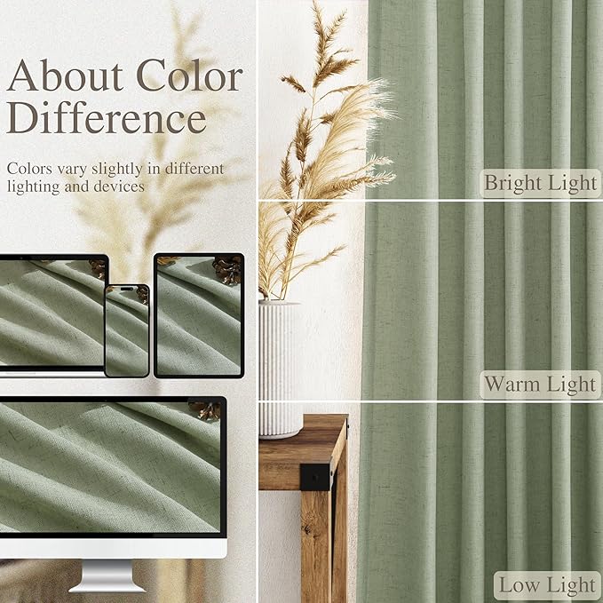 Nanspringt Light Sage Linen Semi Sheer Curtains 80 Inch Length for Living Room Lightweight Door Drapes 2 Panels Set for Bedroom Light Filtering Back Tab Rod Pocket Curtain Protect Privacy 52x80