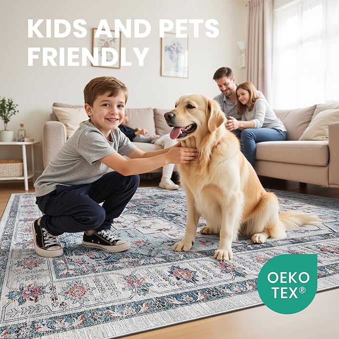zesthome 8x10 Area Rugs,Stain Resistant Washable Rug,Ultra-Thin Rugs for Living Room,Bedroom,Non-Slip Backing Home Decor Large Area Rug (Blue,8'x10')