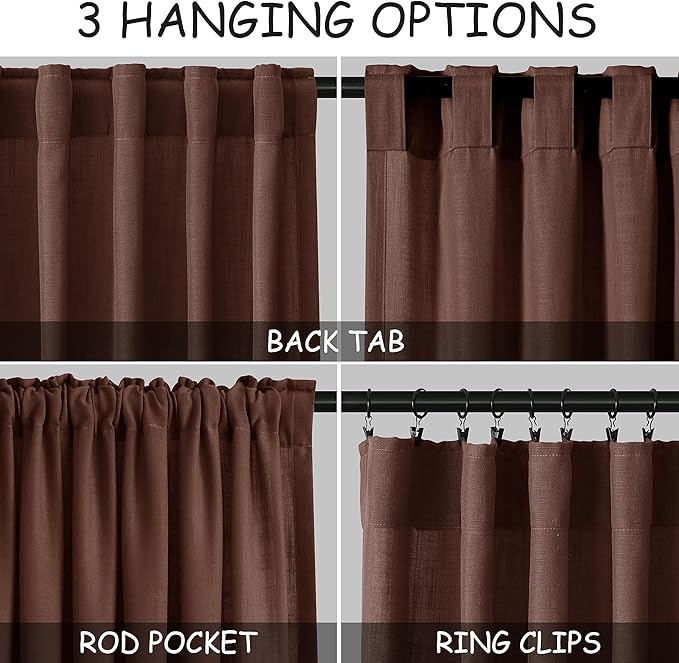 Nanspring Rustic Brown Linen Curtains Semi Sheer 96 Inches Long 2 Panels Set for Living Room Back Tab Rod Pocket Light Filtering Drape for Bedroom Modern Farmhouse Coastal Decor Protect Privacy 52x96