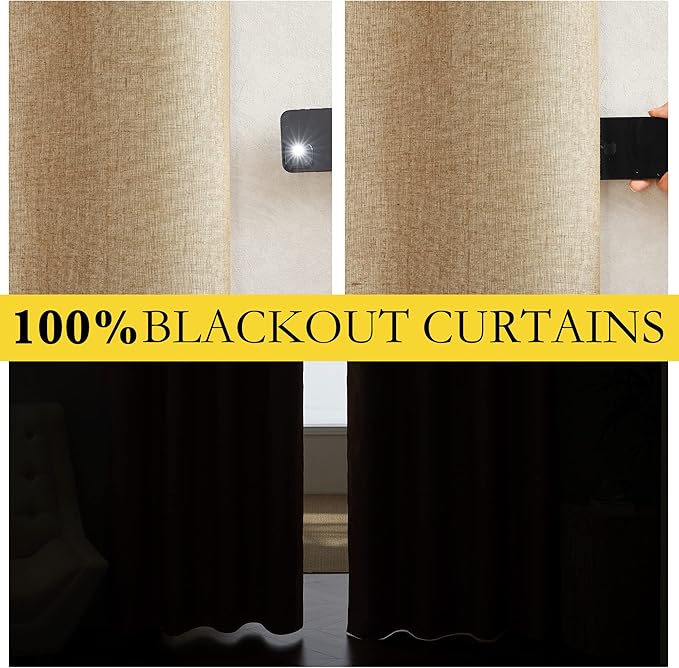 NICETOWN 100% Absolutely Blackout Linen Curtains with Thermal Insulated White Liner, Camel, 42" Wide by 45" Long, 2 Pieces, Linen Blend Window Drapes Privacy Window Treatments for Bedroom/Kids Room