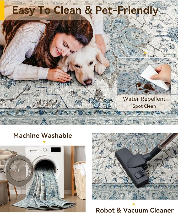 Area Rugs 7'x10' Washable Non-Slip, Floral Vintage Distress Print Pattern Medallion Carpet for Living Room Bedroom Dining Room, Light Blue Navy Beige Gray White