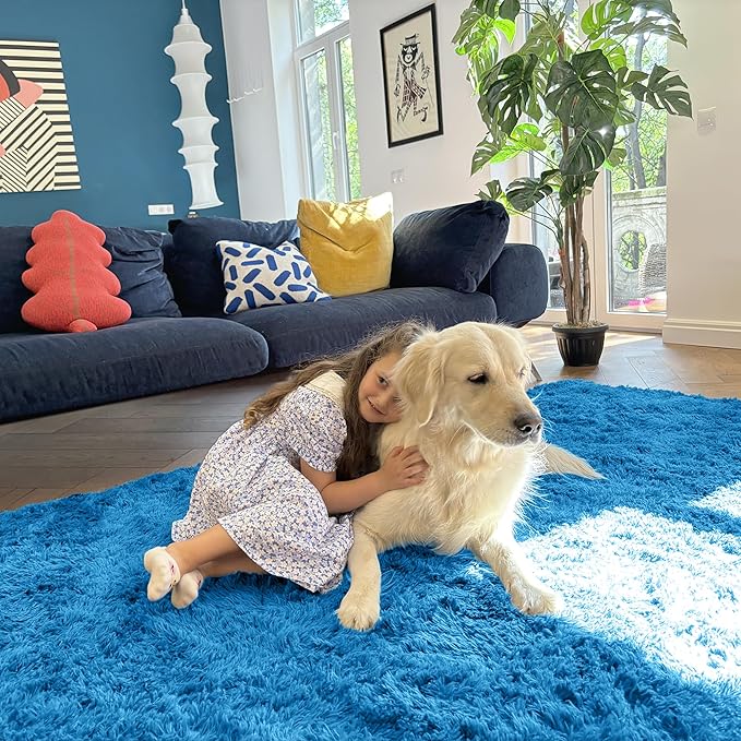 OLANLY 6x9 Machine Washable Large Area Rugs for Living Room, Bedroom, Soft Fluffy Shaggy Bedside Rug, Indoor Floor Carpet for Kids Girls and Boys, Dorms, Nursery, Home Decor Aesthetic, Bright Blue