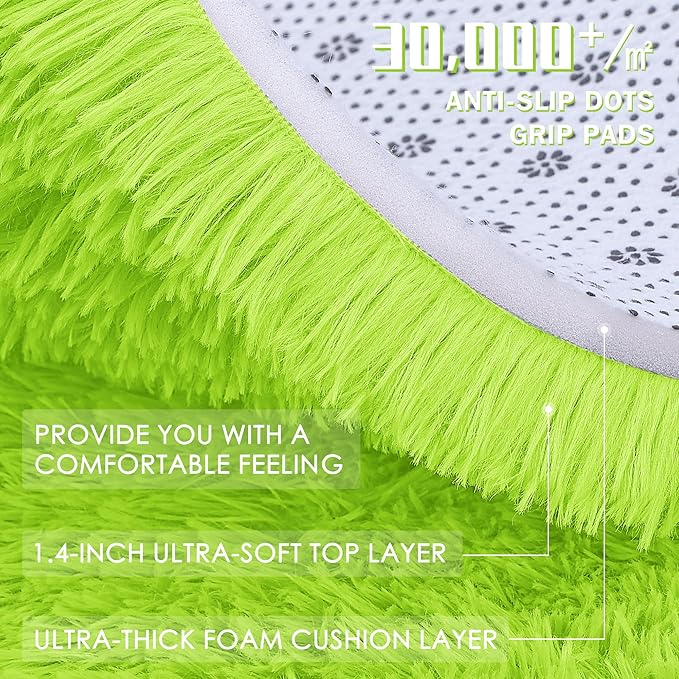 OLANLY Lime Green Round Rugs for Bedroom - Machine Washable, 2 ft Circle Area Rugs for Living Room, Soft and Fluffy Shaggy Carpet for Teen Girl and Boys, Nursery Rooms, Dorms, Home Decor Aesthetic