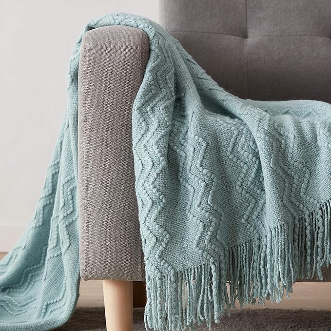 BOURINA Aqua Throw Blanket 50 x90 Inches Throw Textured Solid Soft Sofa Throw Bed Runner Couch Cover Knitted Decorative Blanket Bed Runner