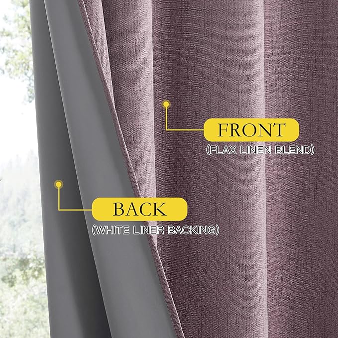NICETOWN Chaise Mauve Vintage Linen 100% Blackout Curtains for Living Room, Thermal Insulated Curtains 108" Long, Noise Reducing Window Treatment Drapes for Hall Room, 52" Wide Per Panel, Set of 2