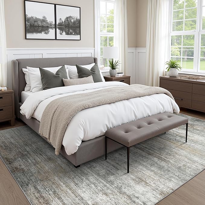 BEIMO Area Rugs 10x14 for Living Room Bedroom, Modern Abstract Machine Washable Rug, Large Soft Low Pile Floor Cover with Non Slip Backing for Dining Room, Ash Gray Brown